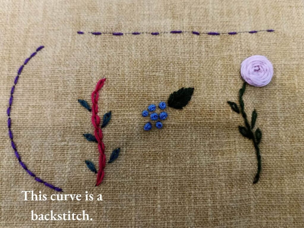 A curved backstitch done with a violet thread.
