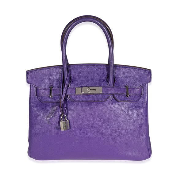 A purple Birkin bag made from Epsom leather.